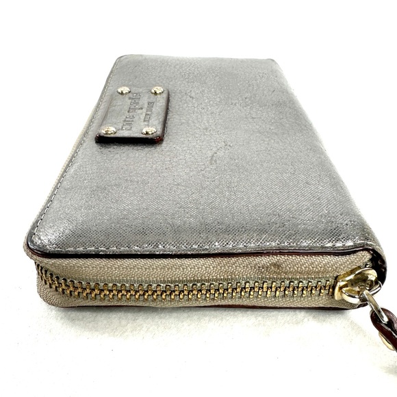 Kate Spade Silver Sparkly Leather Large Zip Around Wallet Clutch Purse Logo - Picture 5 of 9